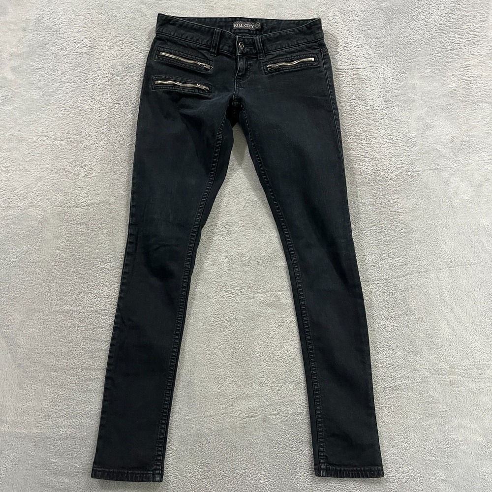 Kill City Skinny Leg Jeans Womens 26 Black Cotton Stretch Low Rise Dark Wash